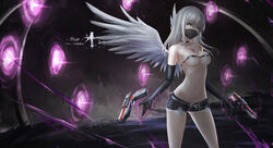  angel_wings bare_shoulders belt black_gloves black_shorts blurry breasts chinese_commentary choker cleavage collarbone commentary_request depth_of_field elbow_gloves feathered_wings female gloves green_eyes grey_hair gun handgun highres long_hair looking_at_viewer mabinogi mabinogi_heroes magic mask medium_breasts mouth_mask navel open_fly original player_character_(mabinogi_heroes) revealing_clothes short_shorts shorts solo standing thighs wangchuan_de_quanyan weapon wings 