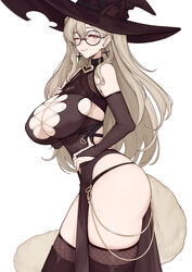  animal_ears bangs bare_shoulders black_dress black_headwear black_legwear blonde_hair blush breasts brown_eyes cleavage cleavage_cutout clothing_cutout dress earrings evan_yang female fox_ears fox_tail glasses hat highres jewelry large_breasts long_hair looking_at_viewer original smile solo tail thighhighs thighs witch_hat 