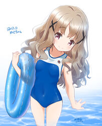  artist_name breasts brown_eyes brown_hair commentary_request cowboy_shot female hair_ornament high_school_fleet highres innertube leaning_to_the_side long_hair looking_at_viewer one-piece_swimsuit retsumaru school_swimsuit simple_background small_breasts solo standing swim_ring swimsuit two-tone_swimsuit uda_megumi water wavy_hair white_background x_hair_ornament yokosuka_girls_marine_high_school_swimsuit 