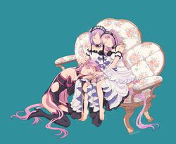  3girls aqua_background arm_around_shoulder barefoot blush boots choker closed_eyes couch dress euryale_(fate) facial_mark fate/grand_order fate/hollow_ataraxia fate_(series) forehead_mark frilled_hairband frills hairband headdress high_heels lap_pillow lolita_hairband long_hair medusa_(fate) medusa_(rider)_(fate) medusa_(rider)_(third_ascension)_(fate) multiple_girls ooba purple_eyes purple_hair revealing_clothes ribbon-trimmed_hairband shy siblings simple_background sisters sleeping stheno_(fate) strapless strapless_dress thigh_boots thighhighs twins twintails very_long_hair white_dress 