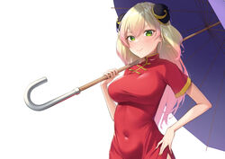  alternate_costume blonde_hair blush breasts bun_cover china_dress chinese_clothes closed_mouth commentary covered_navel double_bun dress english_commentary female flower gradient_hair green_eyes hair_between_eyes hair_bun hair_flower hair_ornament hand_on_own_hip highres holding holding_umbrella hololive impossible_clothes impossible_dress long_hair looking_at_viewer medium_breasts momosuzu_nene multicolored_hair pink_hair red_dress short_sleeves silver_tokki simple_background skin_tight smile solo taut_clothes taut_dress two-tone_hair two_side_up umbrella virtual_youtuber white_background 