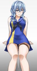  absurdres akito_(sub707) arm_support bare_legs black_neckerchief blue_dress blue_eyes blue_hair breasts closed_mouth dress feet_out_of_frame female flag_dress flag_print gotland_(kancolle) gradient_background grey_background hair_between_eyes hair_bun hair_intakes highres kantai_collection knees legs looking_at_viewer medium_breasts mole mole_under_eye neckerchief print_dress sailor_collar sailor_dress short_dress sidelocks simple_background single_hair_bun sitting sleeveless sleeveless_dress smile solo swedish_flag swedish_flag_dress swedish_flag_print thigh_strap thighs white_background 