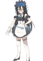  absurdres alternate_costume apron black_hair blush bural_chingu commentary dress enmaided eyes_visible_through_eyewear female frilled_apron frilled_dress frills full_body glasses gloves highres ju_hyeon-mi korean_commentary luke_(dydansgur) maid maid_apron maid_headdress red-framed_eyewear simple_background solo sweatdrop thighhighs waist_apron white_apron white_background white_gloves white_thighhighs yellow_eyes 