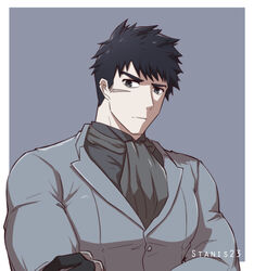  1boy alchemy_stars alternate_costume bara black_shirt collared_shirt crossed_arms grey_jacket highres jacket large_pectorals male_focus muscular muscular_male neckerchief pectorals pittman_(alchemy_stars) scar scar_on_cheek scar_on_face shirt short_hair sideburns solo stanis23 tight_clothes undershirt upper_body 