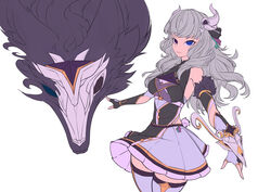  absurdres bare_shoulders black_bow black_dress black_gloves blue_eyes bow breasts caca_(1zz1) dress female fingerless_gloves fur_trim gloves grey_background grey_dress grey_gloves grey_hair hair_ornament hairbow heterochromia highres kindred_(league_of_legends) lamb_(league_of_legends) large_breasts league_of_legends long_hair looking_at_viewer multicolored_clothes multicolored_dress no_mask serious simple_background thighhighs weapon wolf_(league_of_legends) 