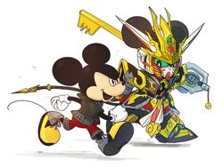  2boys animal_ears black_eyes black_jacket chibi clenched_hands colored_sclera crossover disney gloves green_sclera gundam holding holding_weapon jacket keyblade kingdom_hearts kingdom_key_d mickey_mouse mouse_(animal) mouse_ears multiple_boys open_mouth red_shorts running science_fiction sd_gundam sd_gundam_world_heroes shorts v-fin weapon white_background white_gloves wukong_impulse_gundam xzeit 