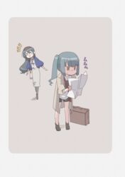  1tori 2girls alternate_costume black_hair black_shorts blue_eyes blue_shirt brown_eyes coat commentary_request dress glasses grey_background grey_coat grey_dress grey_hair hairband kantai_collection kasumi_(kancolle) long_hair looking_at_map looking_at_object map_(object) multiple_girls ooyodo_(kancolle) shirt shorts side_ponytail standing suitcase two-tone_background white_background white_shirt 