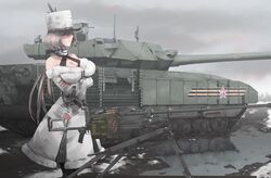  absurdres arms_under_breasts breasts brown_hair cleavage coat commentary crossed_arms female fur_coat fur_hat girls&#039;_frontline gun hat heavy_machine_gun highres kord_(girls&#039;_frontline) kord_6p50 large_breasts machine_gun military military_vehicle motor_vehicle mud red_eyes short_hair snow solo t-14_armata tank tree treeman weapon 