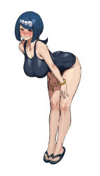  bent_over black_one-piece_swimsuit blue_eyes blue_hair blush bracelet breasts cleavage female freckles full_body highres jewelry lana's_mother_(pokemon) large_breasts looking_at_viewer mature_female mx2j one-piece_swimsuit pokemon pokemon_sm sandals simple_background solo standing swimsuit thighs white_background 