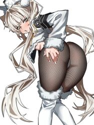  absurdres animal_ears armband ass bent_over black_armband blanc_(fortune_express)_(nikke) blanc_(nikke) blush boots breasts brown_pantyhose commentary fake_animal_ears feet_out_of_frame female fingernails fishnet_pantyhose fishnets from_behind fur-trimmed_boots fur-trimmed_jacket fur-trimmed_sleeves fur_trim ggokoo goddess_of_victory:_nikke grey_hair hair_intakes hand_on_own_ass hat highres jacket knees_together_feet_apart long_hair long_sleeves looking_at_viewer looking_back medium_breasts nail_polish no_bra no_pants official_alternate_costume official_alternate_hairstyle panties panties_under_pantyhose pantyhose parted_lips rabbit_ears simple_background solo standing thigh_boots twintails underboob underwear very_long_hair white_background white_boots white_hat white_jacket white_nails white_panties yellow_eyes 