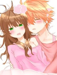  1boy =_= ? akaixx alternate_costume bite_mark bite_mark_on_neck blush brown_hair closed_eyes commentary_request couple drooling dutch_angle female green_eyes heart hickey highres hug kanbe_kotori long_hair looking_at_viewer lying messy_hair mouth_drool on_back open_mouth orange_hair pajamas pink_pajamas rewrite short_hair sleeping speech_bubble spiked_hair spoken_question_mark straight tennouji_kotarou twitter_username upper_body waking_up 