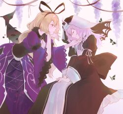  2girls absurdres alternate_costume artist_collaboration black_corset black_ribbon blonde_hair breasts brooch bug butterfly cleavage closed_eyes closed_mouth commentary_request corset dress flower from_side gap_(touhou) gown hair_ribbon hanaya_(fleur) hat highres invisible_chair jewelry juliet_sleeves koumajou_densetsu koumajou_densetsu_2 light_smile long_hair long_sleeves looking_at_another multiple_girls own_hands_together partial_commentary pink_hair profile puffy_sleeves purple_dress purple_flower ribbon saigyouji_yuyuko sitting touhou triangular_headpiece very_long_hair white_ribbon wide_sleeves wisteria yakumo_yukari yuri yuuren_kyouko 