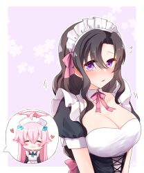  2girls ahoge black_hair blue_archive blush_stickers breasts cleavage closed_mouth female_sensei_(blue_archive) halo heart hoshino_(blue_archive) large_breasts long_hair looking_at_viewer maid maid_headdress multiple_girls open_mouth pink_hair pink_halo puffy_short_sleeves puffy_sleeves purple_eyes rarasa_(rarasa) sensei_(blue_archive) short_sleeves smile solo_focus spoken_character 