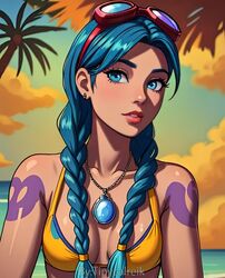  ai_generated arm_tattoo beach_jules blue_eyes blue_hair braid braided_hair fortnite fortnite:_battle_royale jules_(fortnite) looking_at_viewer necklace necklace_between_breasts 