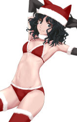  amagami animal_ear_headwear arms_up bikini black_eyes black_gloves black_hair breasts curly_hair elbow_gloves female fur-trimmed_bikini fur-trimmed_gloves fur_trim gloves highres looking_at_viewer medium_hair messy_hair navel own_hands_together parted_lips red_bikini ribs santa_bikini santa_costume small_breasts solo swimsuit takemi_kaoru tanamachi_kaoru thighhighs wavy_hair white_background 