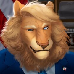  2025 american_flag anthro biped blonde_eyebrows blonde_hair blonde_mane blue_clothing blue_eyes blue_necktie blue_suit clothed clothing colored donald_trump english_text eyebrows felid flag_pin hair headshot_portrait krampusmadart lion looking_at_viewer male mammal mane necktie pantherine politics portrait real_world signature solo suit suit_and_tie text united_states_of_america wrinkles 