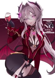  barcode black_bra black_gloves black_horns bra breasts bright_pupils cleavage commentary cup demon_tail drinking_glass female fuka_(_ilouxs2) gloves hair_between_eyes hair_intakes hashtag-only_commentary holding holding_cup honkai_(series) honkai_impact_3rd horns jacket large_breasts long_hair looking_at_viewer purple_eyes red_background red_jacket side_horn solo tail thelema_nutriscu thelema_nutriscu_(gentle_is_the_night) tongue tongue_out two-tone_background underwear very_long_hair white_background white_hair white_pupils wine_glass 