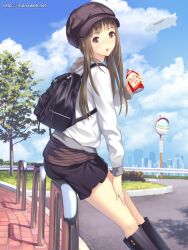  :o aircraft backpack bag banned_artist blimp blush brown_eyes brown_hair cabbie_hat casual cloud day dirigible hand_on_leg hat holding hood hoodie ilog long_hair mana_kakkowarai official_art sitting skirt sky solo tree tsutsui_aki watermark web_address 