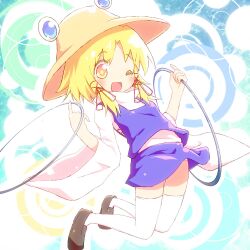  ;d ayakashi_(monkeypanch) blonde_hair commentary_request female hat moriya&#039;s_iron_rings moriya_suwako one_eye_closed open_mouth panties photoshop_(medium) short_hair sidelocks skirt smile solo thighhighs touhou underwear white_panties white_thighhighs wide_sleeves yellow_eyes 