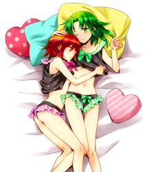  2girls bare_legs bed bow breasts camisole closed_eyes commentary_request frown green_eyes green_hair hand_on_head heart hino_akane_(smile_precure!) midorikawa_nao midriff multiple_girls navel one_eye_closed panties pillow precure red_hair ribbon short_hair small_breasts smile_precure underboob underwear yuzucky 