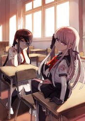  2girls adjusting_hair bad_id bad_pixiv_id black_gloves black_hair black_socks black_thighhighs blue_eyes blunt_bangs braid breasts chair classroom cleavage danganronpa:_trigger_happy_havoc danganronpa_(series) desk gloves hair_ornament hair_ribbon hairclip highres indoors khj kirigiri_kyoko long_hair looking_back maizono_sayaka medium_breasts multiple_girls necktie open_clothes open_shirt pleated_skirt purple_eyes purple_hair ribbon school_desk school_uniform serafuku shirt side_braid sitting skirt socks thighhighs v zettai_ryouiki 