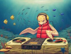  b9 bad_id bad_pixiv_id coral dj fish green_eyes headphones heterochromia jacket mixing_console no_humans ocean original phonograph rca_connector record red_eyes sea_turtle starfish sunlight turtle zipper 