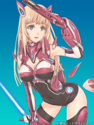  blonde_hair bodysuit breasts cleavage commentary_request copyright_name covered_navel female gradient_background green_eyes gun holding junketsu_duelion long_hair mana_(remana) mecha_musume medium_breasts milva_fredman official_art photoshop_(medium) robot_ears solo thighhighs translated watermark weapon 