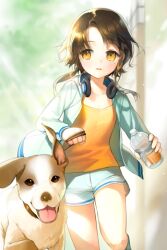  bottle brown_eyes brown_hair canine collarbone female gym_shorts headphones holding jacket leash leg_up lowres mole open_mouth parted_bangs pet_walking photoshop_(medium) running salt_(salty) short_hair short_hair_with_long_locks shorts sidelocks sita_vilosa smile solo sword_girls tongue tongue_out white_shorts yellow_eyes 