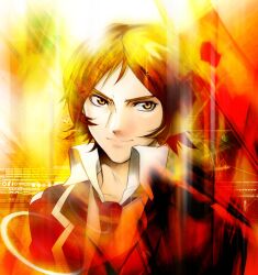  1boy bad_id bad_pixiv_id brown_eyes brown_hair fire male_focus necktie persona persona_2 persona_2_tsumi photoshop_(medium) school_uniform seven_sisters_high_school_uniform sion_world solo suou_tatsuya 