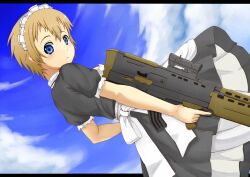  assault_rifle blue_eyes brown_hair bullpup cloud commentary_request day female gun l85 l85a1_(upotte!!) maid okosan_(pixiv) rifle short_hair sky trigger_discipline upotte!! weapon 