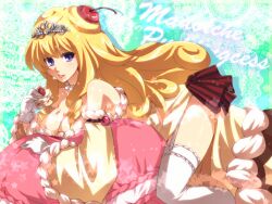  blonde_hair breasts cake character_name cleavage commentary_request crown doily dress duel_monster female food food_on_body food_on_face fruit garter_straps gloves large_breasts madolche_puddingcess mugicha_(sukimachaya) purple_eyes solo star_(symbol) strawberry thighhighs tongue tongue_out white_gloves yu-gi-oh! yu-gi-oh!_duel_monsters 