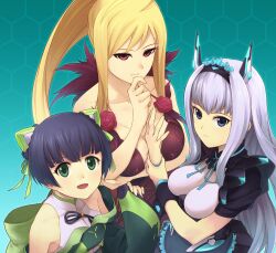  3girls aqua_background bad_id bad_pixiv_id black_hair blonde_hair blue_eyes blue_hair dark_blue_hair dodonpachi dodonpachi_saidaioujou flower green_eyes high_ponytail hikari_(saidaioujou) honeycomb_(pattern) honeycomb_background long_hair maid maid_headdress maria_(saidaioujou) multiple_girls photoshop_(medium) ponytail red_eyes red_flower red_rose rose short_hair shuri_(saidaioujou) silver_hair skirt smile yakushiji_takahito 