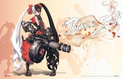  asymmetrical_clothes blade_&amp;_soul boots copyright_name cross-laced_footwear female female flat_chest gun highres hyung_tae_kim kim_hyung_tae lace-up_boots multicolored_hair ncsoft platform_footwear po_hwa_ran pohwaran solo twintails two-tone_hair weapon 