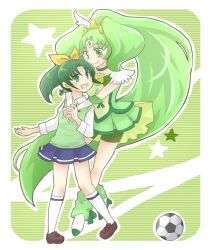  2girls ball bike_shorts boots choker commentary_request cure_march dual_persona green_choker green_eyes green_hair green_shorts green_skirt green_sweater_vest green_theme hatuse long_hair magical_girl midorikawa_nao multiple_girls nanairogaoka_middle_school_uniform open_mouth ponytail precure school_uniform short_hair shorts shorts_under_skirt skirt sleeves_rolled_up smile smile_precure soccer soccer_ball socks star_(symbol) sweater_vest telstar tiara tri_tails very_long_hair vest wrist_cuffs 