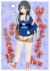  :o akiyama_mio angry black_eyes black_hair blush breath commentary_request english_text female hand_on_own_hip highres hime_cut k-on! long_hair open_mouth shoes sneakers tyranu 