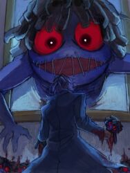  1boy coat denmitsu doll doll_(ib) from_behind garry_(ib) horror_(theme) ib_(kouri) long_sleeves looking_at_another no_nose open_mouth purple_hair red_eyes short_hair smile stitched_mouth stitches tegaki window 