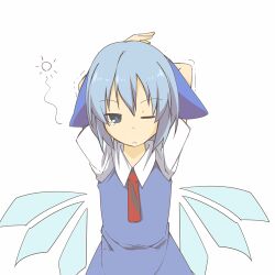  bad_id bad_pixiv_id blue_bow blue_dress blue_hair bow cirno collared_shirt detached_wings dress eiri_(eirri) female hairbow lowres one_eye_closed shirt short_hair short_sleeves solo touhou white_shirt wings 