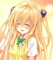  :d ^_^ bad_id bad_pixiv_id blonde_hair blush closed_eyes derivative_work female hair_ornament konjiki_no_yami long_hair mister-x_(nnn) open_mouth sainan_high_school_uniform school_uniform smile solo to_love-ru to_love-ru_darkness 