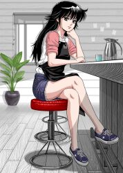  apron arm_support ayukawa_madoka bar_stool black_hair crossed_legs denim denim_skirt female glass kimagure_orange_road long_hair looking_at_viewer micchan_(punchdrunker) no_socks pencil_skirt pitcher_(container) shoes sitting skirt sneakers solo stool wooden_floor 