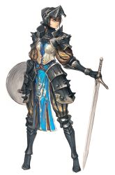  armor blonde_hair blue_eyes breastplate commentary english_commentary faulds female full_armor gauntlets greaves helmet knight original shield simple_background solo sword tahra visor_(armor) weapon 