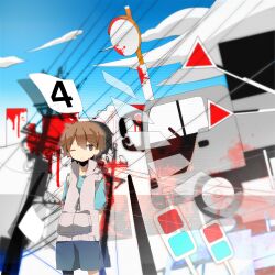  1boy amamiya_hibiya arms_behind_back averting_eyes bad_id bad_pixiv_id blood blue_shirt blue_shorts blue_sky bright_pupils brown_eyes brown_hair casual closed_mouth cloud collared_vest commentary cowboy_shot crosswalk day double-parted_bangs floating floating_object gradient_sky hair_between_eyes hood hood_down hooded_vest hoodie kagerou_days_(vocaloid) kagerou_project male_focus meega motor_vehicle one_eye_closed outdoors paper partially_unzipped peril power_lines road_sign shirt short_hair short_sleeves shorts sign sky slit_pupils solo surreal t-shirt traffic_light traffic_mirror transformer triangle truck utility_pole vest white_vest wince zipper_pull_tab 