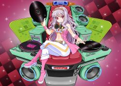  boots commentary_request crossed_legs female headphones idolmaster idolmaster_(classic) long_hair md5_mismatch midriff navel p_k_m_n photoshop_(medium) pink_diamond_765_(idolmaster) pink_eyes pink_footwear purple_hair record shijou_takane sitting smile solo tiara wrist_cuffs 