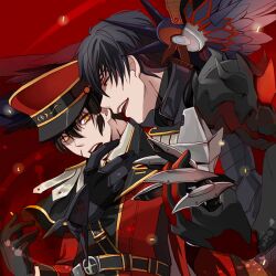  2boys arisu_(nine_avenue) armor belt black_armor black_hair blade_master_(elsword) commentary_request edan_(elsword) elsword hat korean_commentary male_focus multiple_boys photoshop_(medium) raven_cronwell reckless_fist_(elsword) red_background red_eyes smile uniform valak_(elsword) yaoi yellow_eyes 