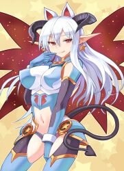  :q animal_ears breasts commentary_request demon_girl demon_tail elbow_gloves extra_ears female gloves highres horns large_breasts long_hair navel red_eyes shinrabanshou solo star_(symbol) tail thighhighs tongue tongue_out white_hair yoru_maou_belpheria yuugiri_(u-slash) 