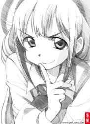  &gt;:) commentary_request female finger_to_face finger_to_mouth futaba_anzu gofu greyscale idolmaster idolmaster_cinderella_girls long_hair monochrome smile solo spot_color traditional_media v-shaped_eyebrows 