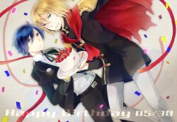  2boys bad_id bad_pixiv_id blonde_hair blue_hair bow cake crossover digital_media_player dutch_angle final_fantasy final_fantasy_type-0 food gekkoukan_high_school_uniform green_eyes happy_birthday headphones male_focus mentaishi multiple_boys persona persona_3 ribbon scanlines school_uniform trey_(fft-0) yuuki_makoto_(persona_3) 