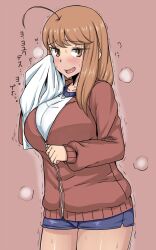  ahoge breasts brown_eyes brown_hair commentary_request female gym_shorts gym_uniform highres huge_breasts jacket komusou_(jinrikisha) long_hair looking_at_viewer ooba_minori open_mouth original shorts simple_background smile solo sweat track_jacket translated trembling 