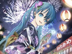  aerial_fireworks aqua_eyes aqua_hair commentary_request female fireworks hand_fan hatsune_miku japanese_clothes kari_kenji kimono long_hair paper_fan photoshop_(medium) solo twintails uchiwa vocaloid yukata 