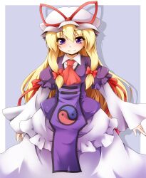  ascot blonde_hair blush commentary_request female hair_ribbon hat hat_ribbon long_hair long_sleeves looking_at_viewer purple_eyes ribbon shirt skirt smile solo symposium_of_post-mysticism tabard touhou wide_sleeves yakumo_yukari yin_yang yoshihiro-m 