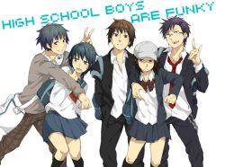  2girls 3boys bad_id bad_pixiv_id bag baseball_cap blue_hair bow bowtie brown_hair danshi_koukousei_no_nichijou gakuran genderswap_(ftm) genderswap_(mtf) glasses grabbing grabbing_another&#039;s_breast habara_(danshi_koukousei) hat ikushima_(danshi_koukousei) karasawa_toshiyuki matsumoto_takahiro multiple_boys multiple_girls necktie purple_hair rule_63 school_uniform serafuku shoulder_bag sneaker_kyou striped_bow striped_bowtie striped_clothes sweater_vest yanagin_(danshi_koukousei) 